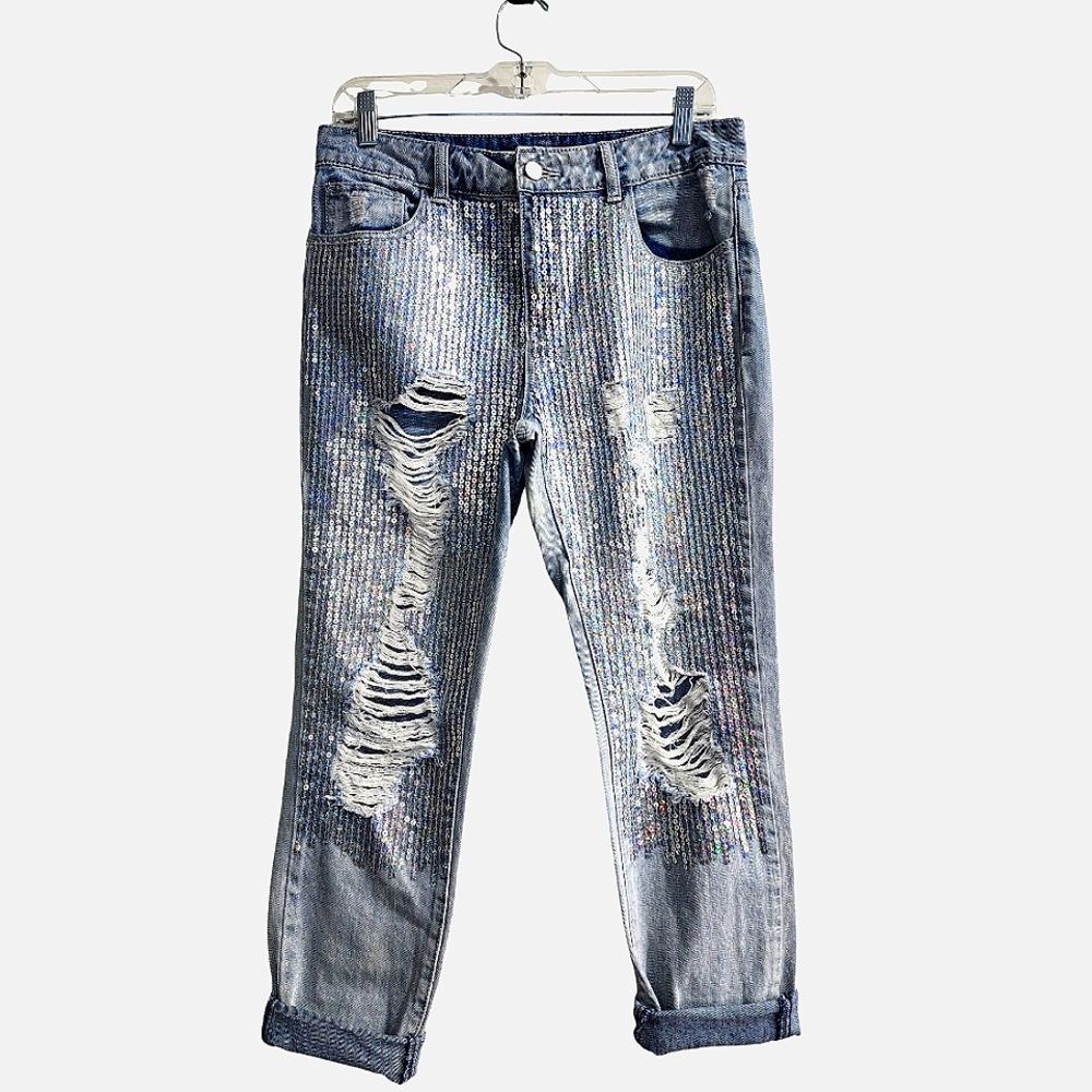 FOREVER 21 IRIDESCENT SEQUIN TAPPERED LEG JEANS DISTRESSED LOOK SIZE M